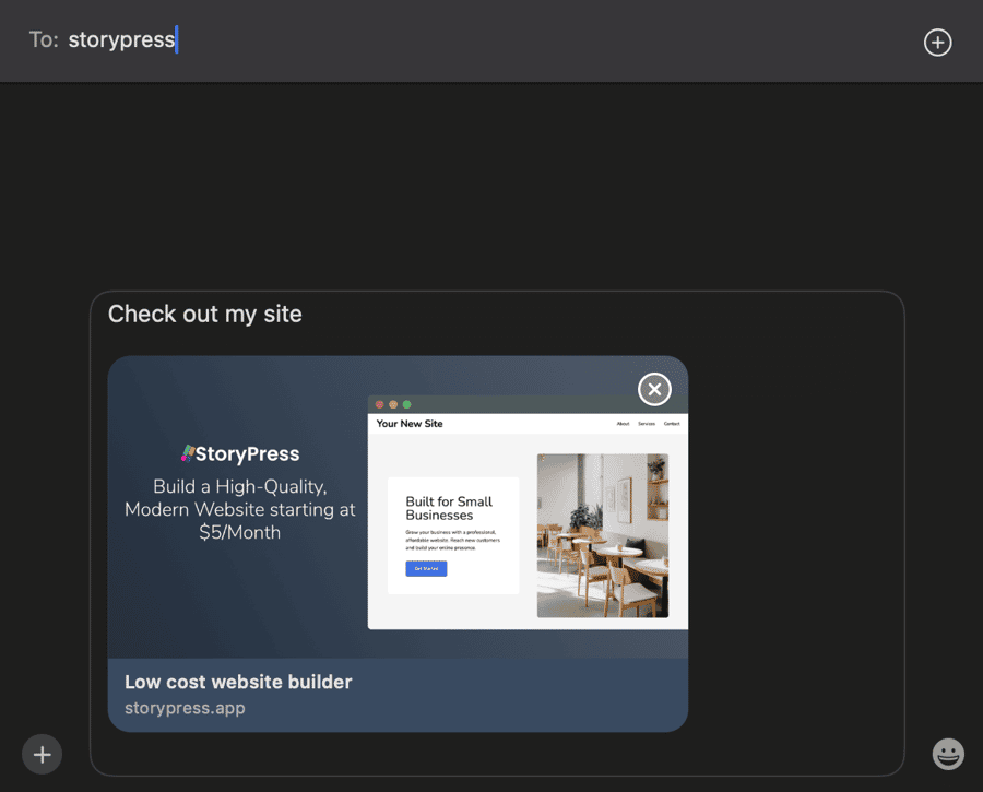 The image shows a website preview for StoryPress, a low-cost website builder that offers modern, high-quality websites starting at $5/month for small businesses.