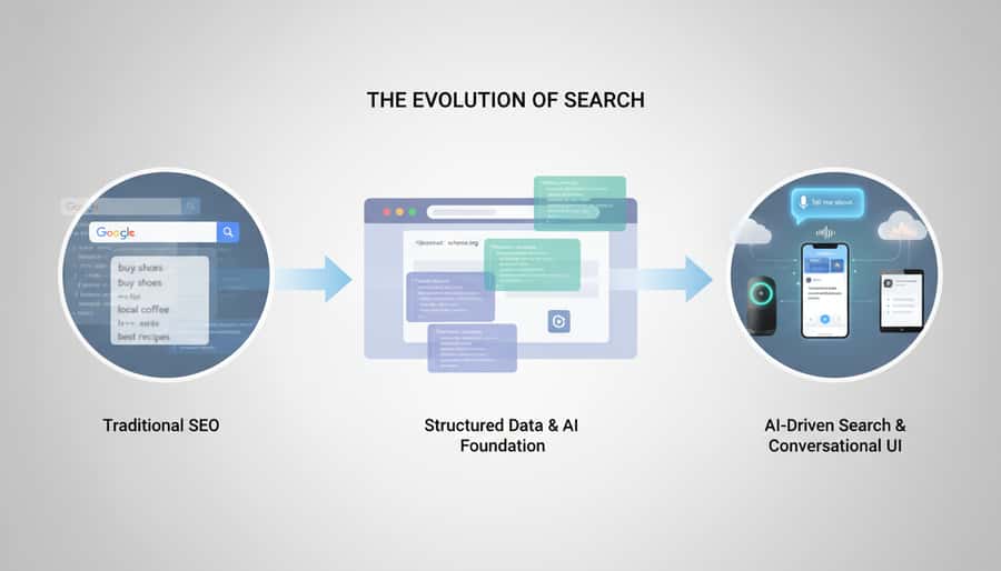 The image depicts the evolution of search, showcasing the progression from traditional SEO to structured data and AI foundation, and finally to AI-driven search and conversational UI.
