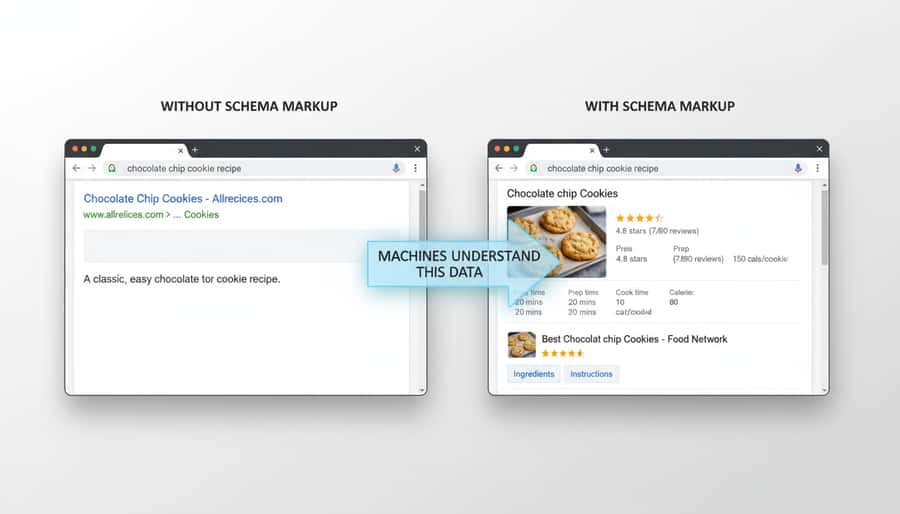 This image shows a side-by-side comparison of a web search result for "chocolate chip cookie recipe", with and without schema markup. The schema markup provides additional structured data about the recipe, including preparation time, cook time, and calorie information.