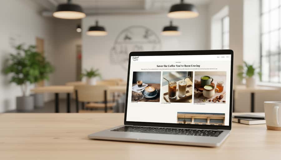 The image shows a laptop computer displaying an article about coffee and coffee drinks, surrounded by a cozy, cafe-like setting with furniture, plants, and lighting.