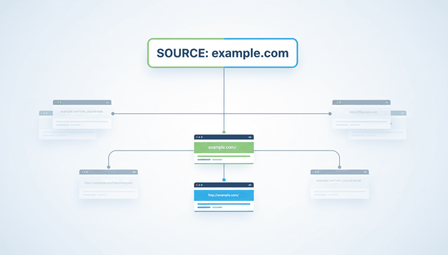 This image depicts a simplified diagram of a website's structure, showing the main domain "example.com" and its related subpages and URLs.
