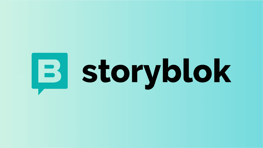 The image contains the logo for "Storyblok", a content management system. The logo consists of a teal-colored speech bubble icon and the word "Storyblok" written in black text.