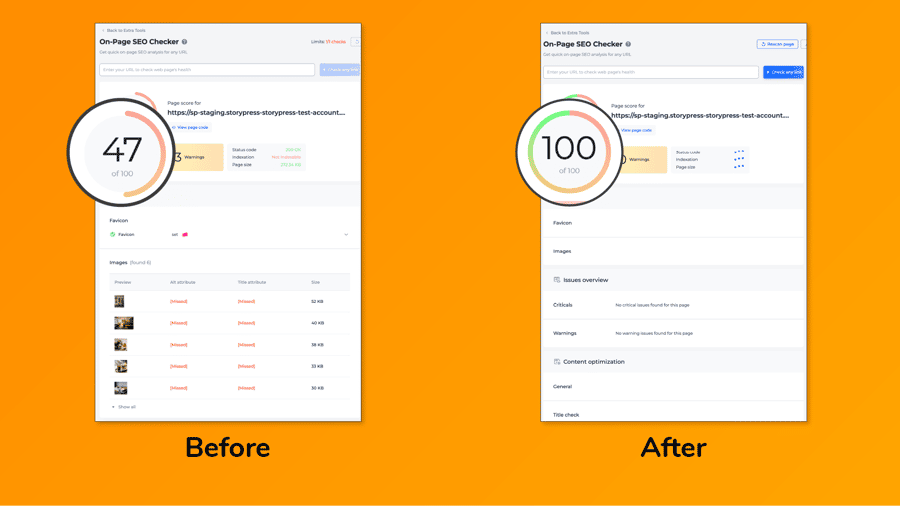 This image shows the before and after results of an on-page SEO checker tool, highlighting improvements made to a website's optimization.