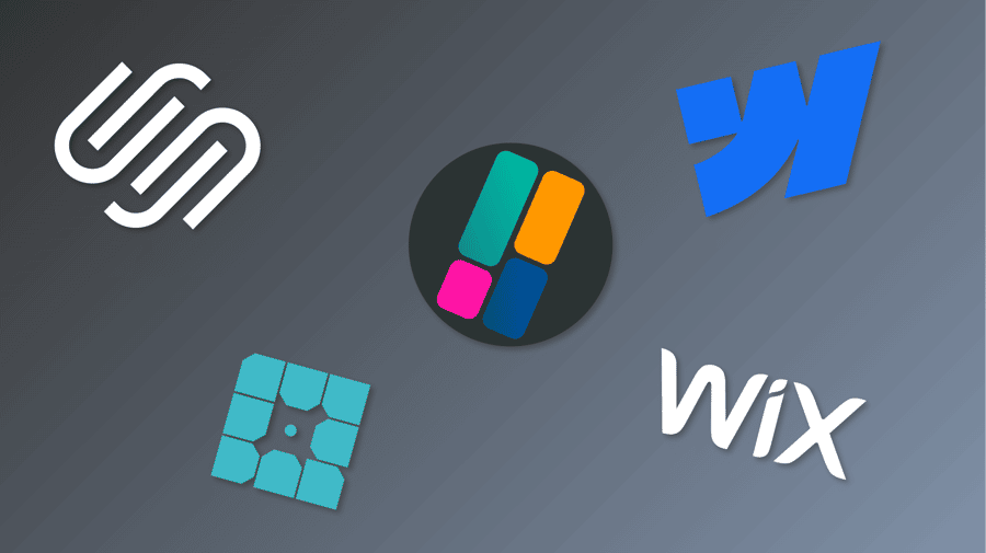 Collection of design tool logos including Squarespace, Figma, Webflow, Wix, and another design platform on gray background.