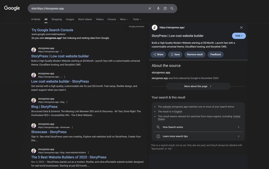 This image shows a Google search results page for "site:https://storypress.app", displaying information about StoryPress, a low-cost website builder.