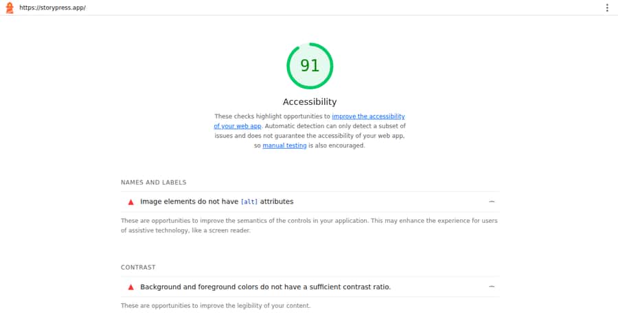 Lighthouse accessibility report for storypress.app showing a score of 91 with failures for missing image alt attributes and insufficient color contrast