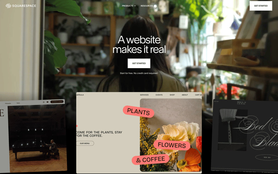 Squarespace website builder interface showing a plant shop template with navigation menu and floral imagery.