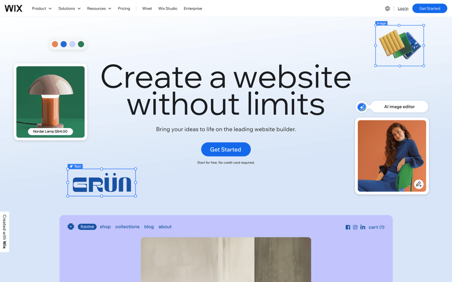 Wix website builder homepage showing design interface with product images and "Create a website without limits" heading.
