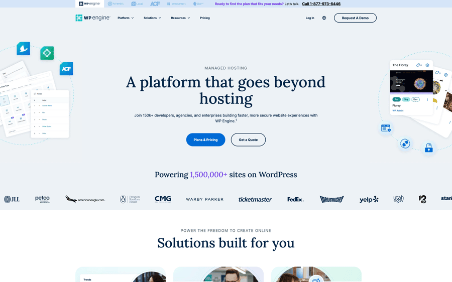 WP Engine homepage showcasing managed WordPress hosting platform with client logos and call-to-action buttons.