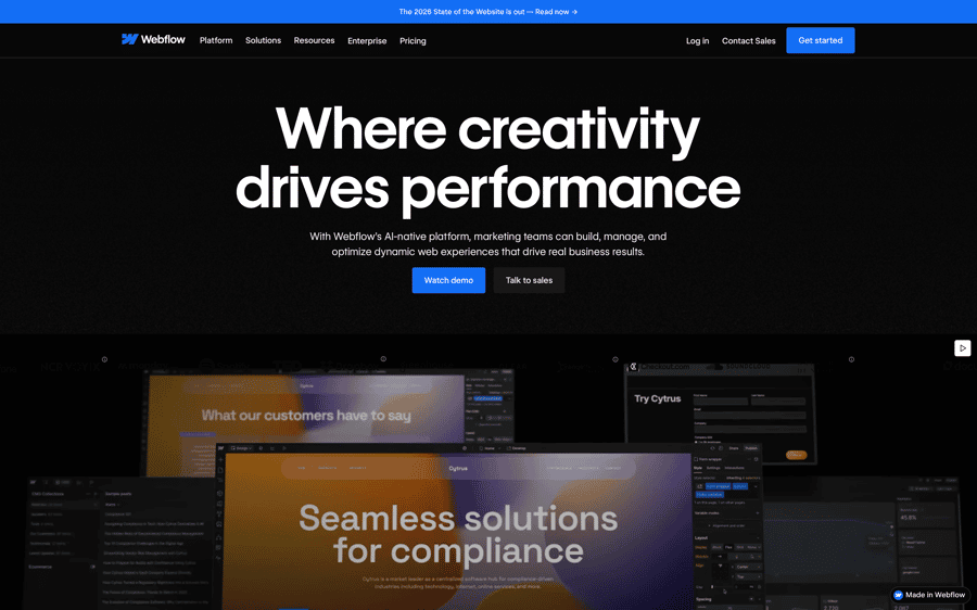 Webflow homepage showing the headline "Where creativity drives performance" with platform interface examples below.