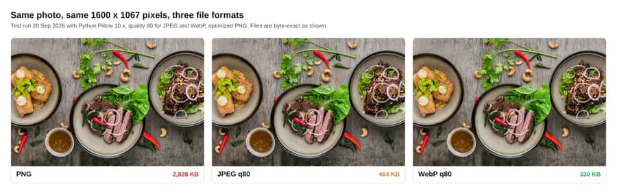 Side by side comparison of the same photo saved as PNG (2,828 KB), JPEG (464 KB), and WebP (330 KB)