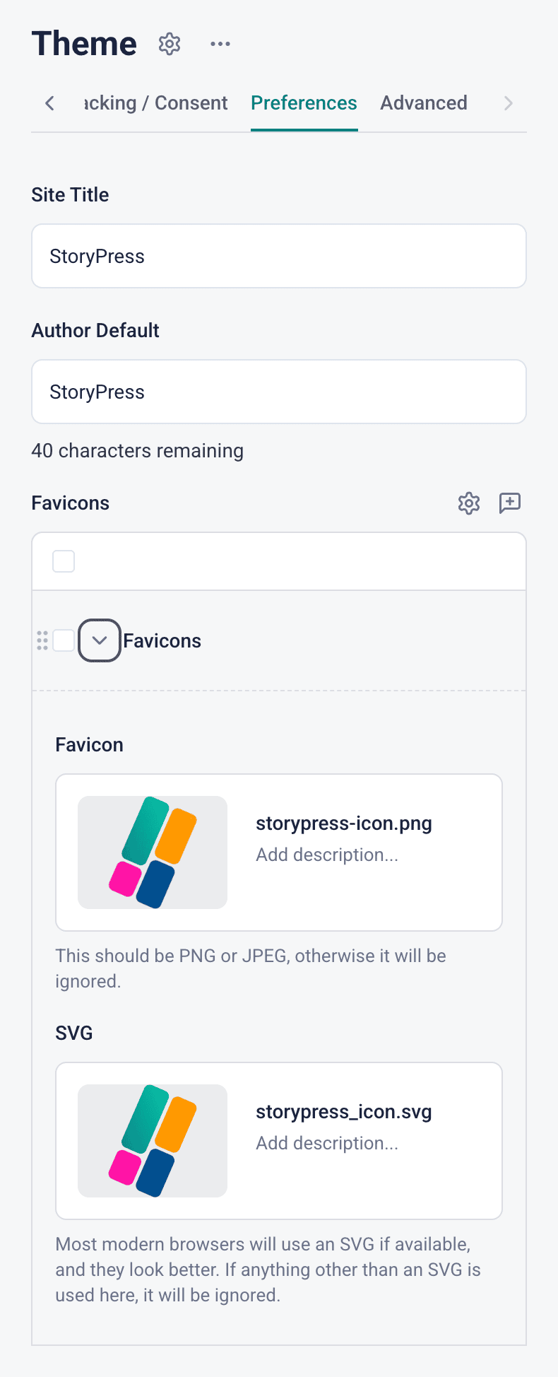 The image displays a WordPress theme settings page, showing options for the site title, author default, favicons, and SVG files for a website named "StoryPress".