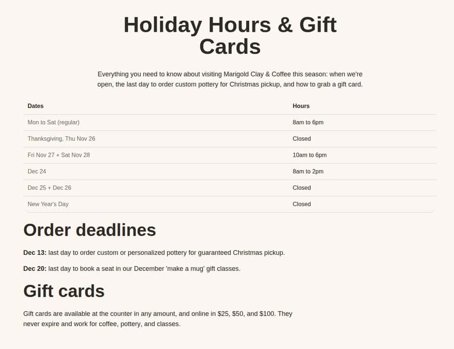 Holiday hours and gift cards page with an hours table, order deadlines, and gift card info