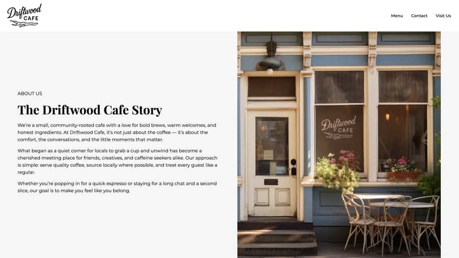 This image shows the exterior of the Driftwood Cafe, a cozy and welcoming community-oriented cafe with outdoor seating and a rustic, inviting appearance.