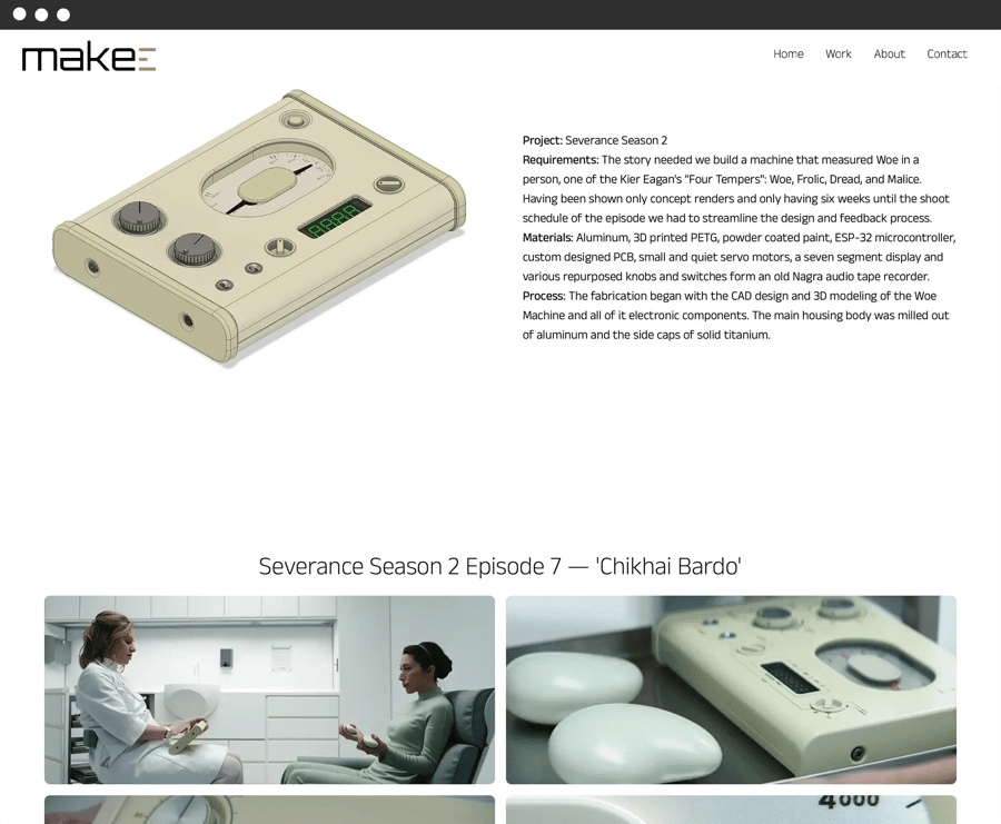 The image shows a custom-designed device with various knobs, switches, and a digital display. It appears to be a machine used for measuring something related to the TV show "Severance".