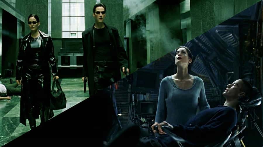 Three people in black leather coats standing in a green-tinted room with someone kneeling.