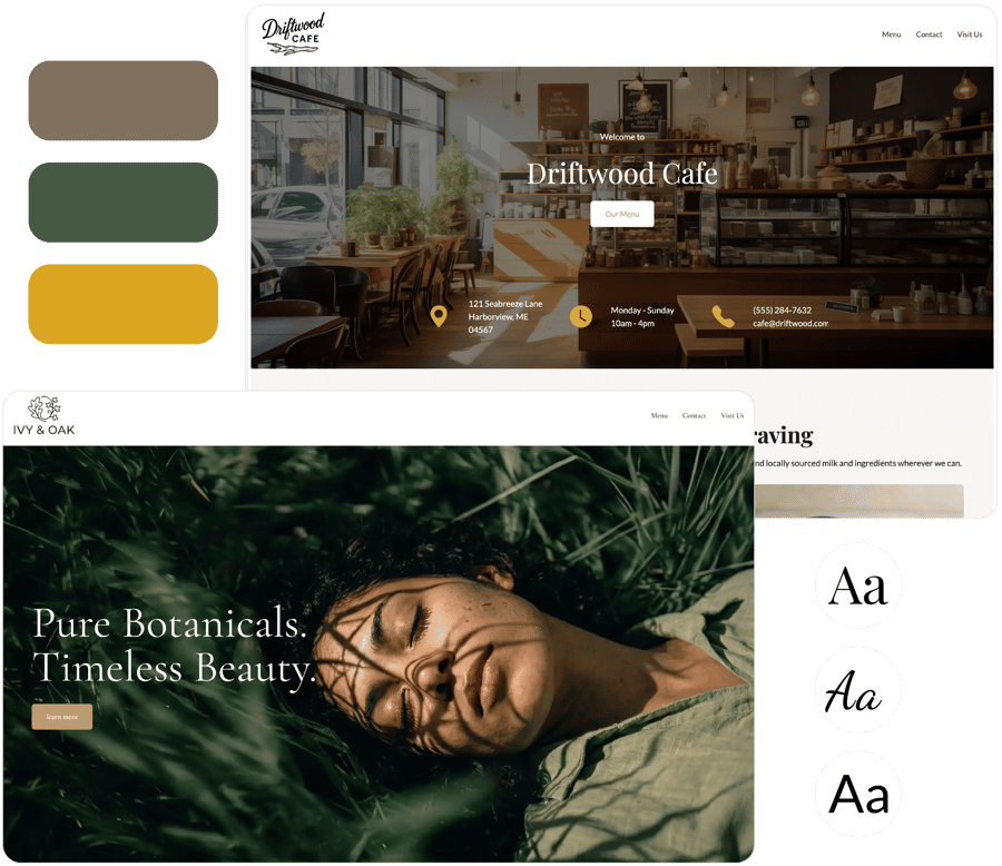 This image shows a woman resting peacefully in tall grass, with the text "Pure Botanicals. Timeless Beauty." highlighting the natural, botanical theme.