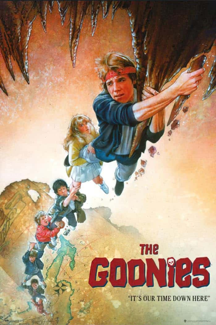 The image depicts a promotional poster for the 1980s film "The Goonies". It shows a group of young characters in an adventurous, fantasy-like setting.