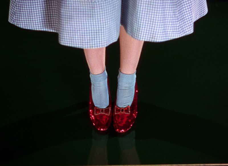 The image shows a person's legs and feet wearing a gingham dress and ruby red sequin shoes, suggesting a whimsical, fairy-tale-like style.